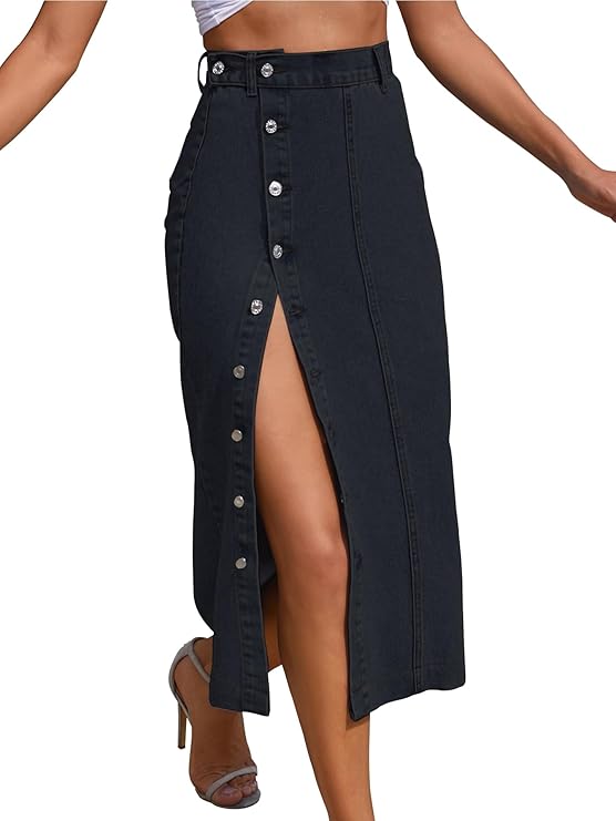 Shasmi Girl's & Women's Front Button-Up Slit Longline Single Breasted Long Casual Denim Skirt Suitable for Daily WearSkirt 233