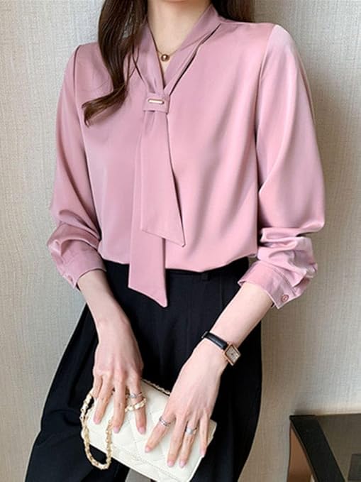 PINKHUB Elegant Women's Tie Neck Summer Long Sleeve V-Neck Chiffon Korean Style Plain Business Work Shirts Blouse Top