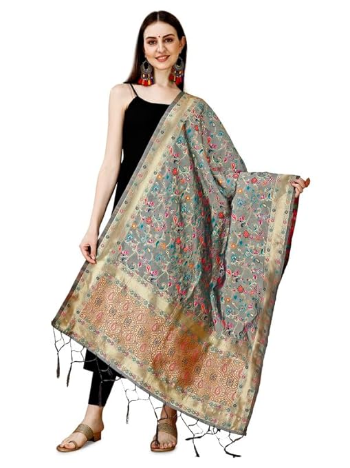 DEVANGI Women's Woven Banarasi Kashmiri Silk Dupatta/Chunni, Width 1 Meter, Length 2.5 Meter