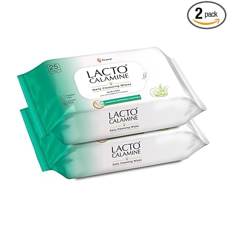 Lacto Calamine Daily Cleansing Face Wipes 25N Each - Pack of 2 | Makeup Remover Wipes |
