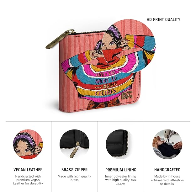 Women's Zip Wallet | Made with Vegan Leather Material | Carefully Handcrafted | Holds up to 8 Cards | Slim and Easy to Fit in Pocket | Coin Pocket with Button Closure