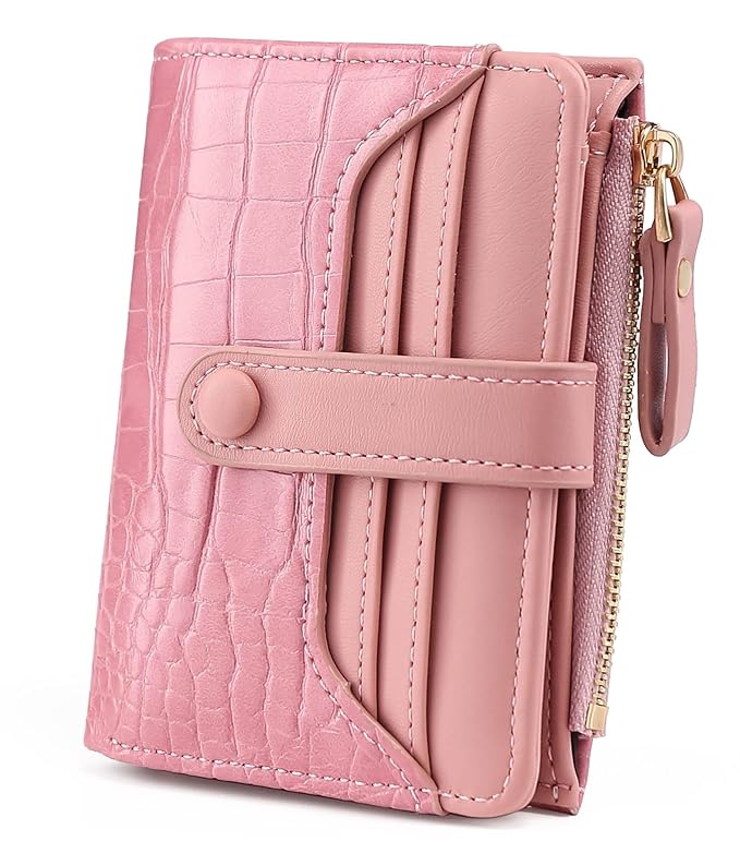Elios Women's Wallet Vegan Leather Bifold Small Card Holder Coin Holder Compact Ladies Purse with 8 Card Slots, Zipper Pocket and RFID Blocking | Snap Closure | Mini Purse for Women (Pink)