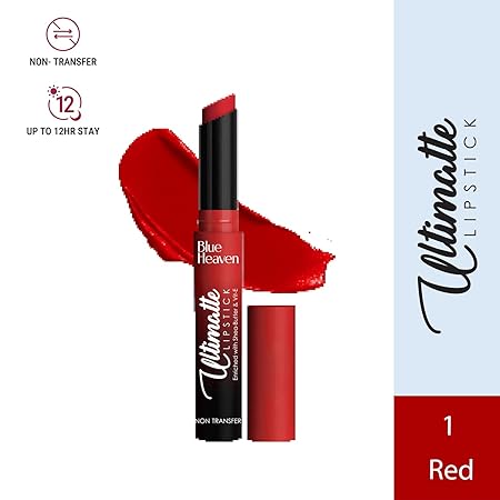 Blue Heaven Ultimatte NonTransfer lipstick for women|Enriched with Shea Butter & Vitamin E| Matte Finish, Smudge Proof & Waterproof Long Lasting Lipstick Upto 12Hrs| 2.2g | 01 Red